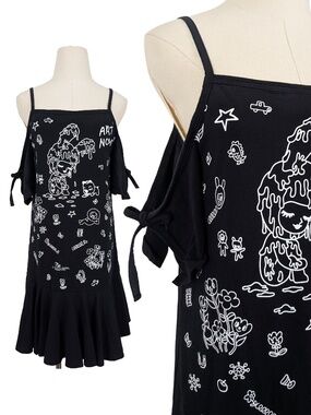 Tout a Coup Black Drop Waist Mini Dress Art Nom Graphic Off the Shoulder